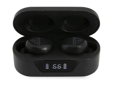 A pair of black wireless earphones in their charging case.
