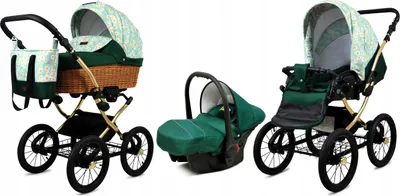 Produktbild von Babylux® Classic Gold | 3in1 Kinderwagen Set | Green Daisy | Kombikinderwagen | Kinderwagenset |