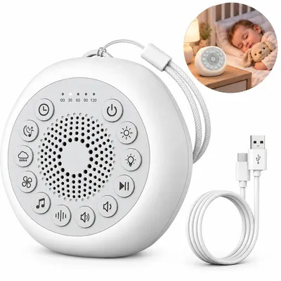Produktbild von Baby Schlafgerät mit 27 Schlafgeräuschen, Einschlafhilfe mit Nachtlicht, 3 Lichtmodi, Timer, tragbar, weiß, 103 x 96 x 43 mm