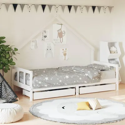 Produktbild von Weißes Kinderbett 90x200 cm aus massivem Kiefernholz mit Schubladen, Lattenrost und Hausdesign