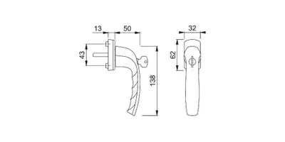 Technical drawing of a window handle with dimensions.