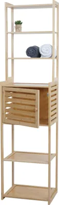 Produktbild von Bambus Regal HWC-O74, Badschrank Badezimmerschrank, Türe Staufächer 165x42x30cm