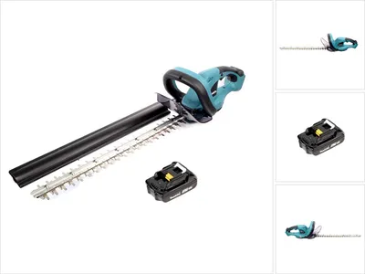 A cordless hedge trimmer and a battery pack are displayed against a white background.