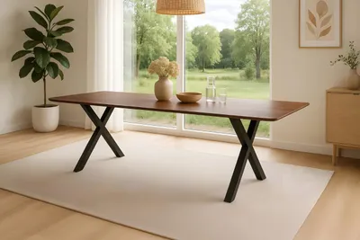 Produktbild von Esstisch Roberto | 220 x 100 cm | Akazienholz massiv & kastanienfarbig | Schweizer Kante & abgerundete Ecken | X-Gestell Metall Schwarz | pflegeleichter Esszimmertisch