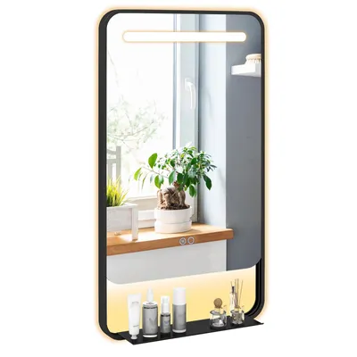 Image de COSTWAY Miroir avec éclairage, miroir de salle de bain avec fonction antibuée, 3 couleurs de lumière & luminosité réglable, miroir mural avec cadre en aluminium