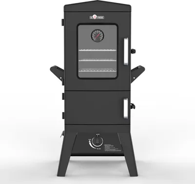 A black gas grill smoker is shown against a white background.