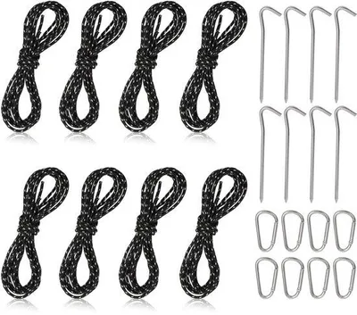 Image de Accessoires de camping : cordes de tente réfléchissantes 8 x 2 m, piquets en aluminium noirs