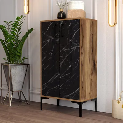 Produktbild von Skye Decor, Moderner Schuhschrank, Walnuss & Schwarz, 60 x 111 x 35 cm | 100% melaminbeschichtete Spanplatte, 18 mm dick | Mit Metallbeinen, Wandmontage, zahlreiche Regale.