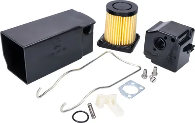 A collection of parts for a moped air filter system, laid out on a white background.