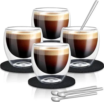Produktbild von Famanu Espresso Becher Set 80ml - 4 Becher mit Löffel und Filzuntersetzer