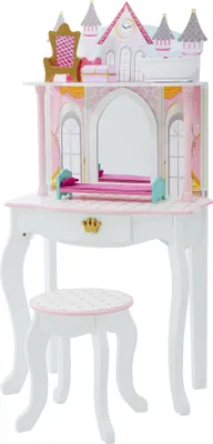 Produktbild von Teamson Kids Traumland Prinzessin Holzspielzeug Waschtisch-Set mit Spiegel, Regal, Schublade, Hocker und Zubehör für 12" Puppen, weiß und blau