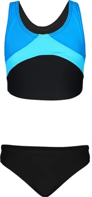 Produktbild von Aquarti Mädchen Sport Bikini Racerback Bustier & Bikinislip, Farbe: Schwarz / Türkis / Himmelblau , Größe: 140