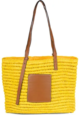 Produktbild von styleBREAKER Korbflecht Schultertasche aus Papierstroh mit Kunstleder Details | Damen Shopper Basttasche geflochten mit Reißverschluss | Strandtasche 43 x 34 x 4 cm