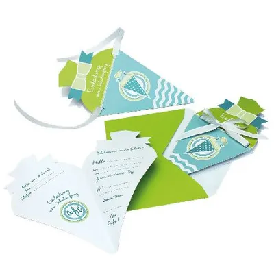 Produktbild von Einladungskarte 4 Stück Schulanfang Schultüte türkis grün in Packung