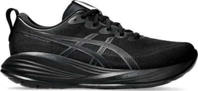 A studio shot of a black Asics running shoe.