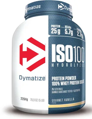 Produktbild von Dymatize ISO 100, Pulver, Hydrolisiertes Molkenprotein, Molkenprotein isoliert, Vanille, L-Alanin, L-Arginin, L-Asparaginsäure, L-Cystein, L-Glutaminsäure, L-Glycin, L-Histidin,..., Hydrolized whey protein isolate (milk) (50%), whey protein isolate (milk) (46%), emulsifiers..., 25 g