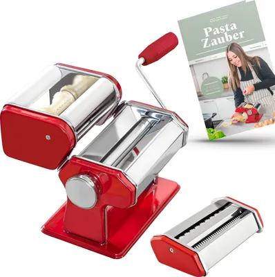 Produktbild von bremermann manuelle Nudelmaschine Edelstahl/Metall ROT - inkl. Rezeptbuch - für Spaghetti, Pasta, Ravioli und Lasagne (7 Stufen)