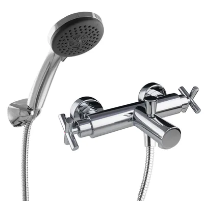 Produktbild von PaulGurkes Wannenarmatur Aufputz Kreuzgriff Zweigriffmischer Handbrause Chrom