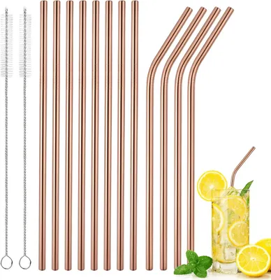 Imagen del producto de Pajitas de acero inoxidable, juego de 12 unidades, 8 rectas y 4 curvadas, de 21,5 cm de longitud, reutilizables para la cocina