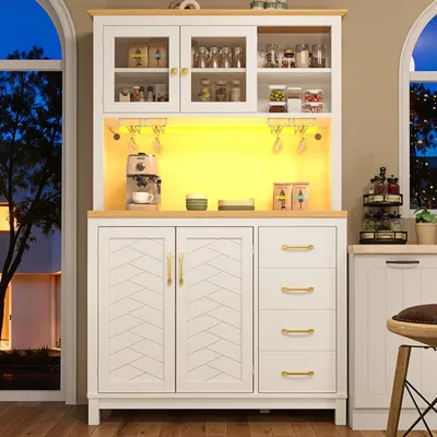 Immagine prodotto di Armadio alto da cucina con illuminazione a LED e piano di lavoro, dimensioni 140x40x185,7 cm, colore bianco