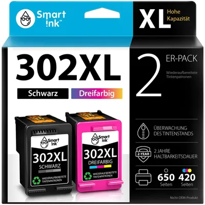 Immagine prodotto di Cartucce ricaricate Smart Ink come ricambio per HP 302 XL 302XL, confezione multipla, nero e colori, compatibili con le stampanti HP Envy 4525, 4520, OfficeJet 3831, 5230, 3830, 3833, 4650, 5220 e DeskJet 3630, 1110, 2130