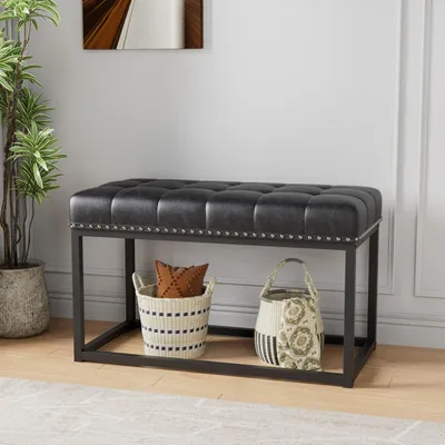 Produktbild von Vintage Polsterbank 91 cm schwarz, Knopfheftung, Kunstleder, Industriemetallrahmen, für Flur, Schlafzimmer, Wohnzimmer oder Bettende
