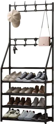 Produktbild von Unyqoos® Schuhregal aus Metall – 4 Etagen Garderobenregal mit 8 Haken, platzsparend, 60×28×145 cm, Stahlrohre & PP-Verbindungen, 10–12 Paar