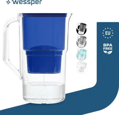 Produktbild von Wessper Wasserfilterkanne 2.8 L Kompatibel Mit Brita Maxtra, Wasser Filtersystem zur Reduzierung von Kalk, Chlor | + 1x Wasserfilter Blau