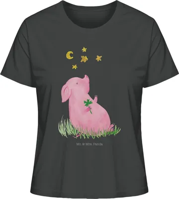 Produktbild von Mr. & Mrs. Panda Damen T-Shirt Schwein Glück Größe L - Anthrazit - Geschenk, Oberteil, Lustige Sprüche, Schweinchen, Kurzarmshirt, Motivation, Sterne, Basic Shirt, Träume