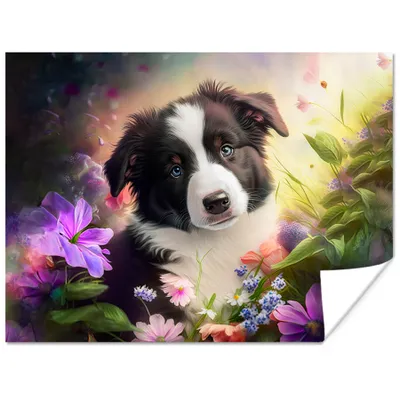 Produktbild von MuchoWow® Poster Welpe - Sonne - Blumen - Natur - Border Collie - Hund 120x90 cm - Wandbild