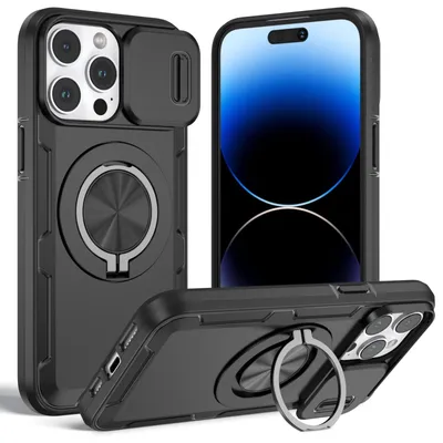Produktbild von Magnetische Hülle für iPhone 14 Pro Max, Militär Stoßfest Handyhülle mit Kameraschutz und Ringhalter Ständer Schwarz