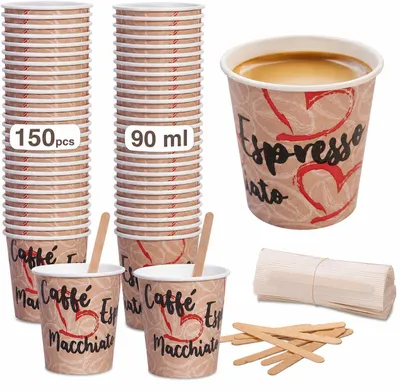 150 Papier-Kaffeebecher 90 ml + 150 Rührstäbchen aus Holz