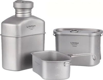 Obrázek produktu pro Lixada Titanium Water Bottle Outdoor Field Mug Set Ultralight Cooking Set Camping Cookware Ta Kettle with Camouflage Bag 1100ml + 750ml + 400ml
