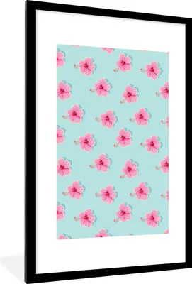 Produktbild von MuchoWow® Gerahmtes Poster Sommerlich - Blumen - Rosa - Blau 60x90 cm - Poster mit Schwarzem Bilderrahmen Wandposter Rahmen Foto Bilder - Dekoration - Wandposter Wohnzimmer - Hochwertig