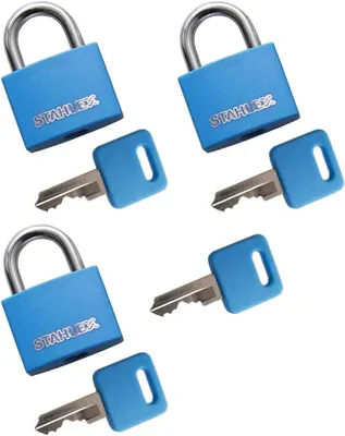Produktbild von Hangschloss Set, 3-teilig, 30 mm, blau, mit 4 Schlüsseln, für Sicherheit