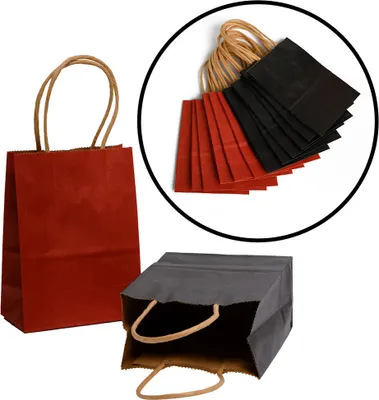 Produktbild von 12 Stück Rote & Schwarze Papiertüten mit Griff - Hochzeit / Süßigkeiten / Partytüten - Geschenktüten - Papiertüten - Jungen & Mädchen - Kinderparty - Abm. 11 x 6 x 15 Cm. - Decopatent