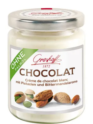 Produktbild von Schoko-Creme CHOCOLAT mit weißer Schokolade, Pistazien & Mandelaroma von Grashoff, 235g