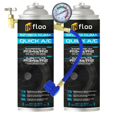 Produktbild von INfloo Quick A/C 2× R134a Gas Kältemittel-Ersatz + Schlauch mit Manometer