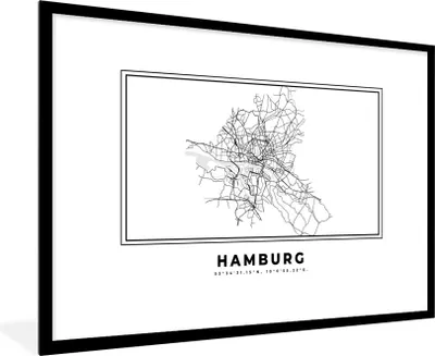 Produktbild von MuchoWow® Gerahmtes Poster Schwarz und weiß - Deutschland - Karte - Stadtplan - Hamburg 90x60 cm - Poster mit Schwarzem Bilderrahmen Wandposter Rahmen Foto Bilder - Wanddekoration - Fotos