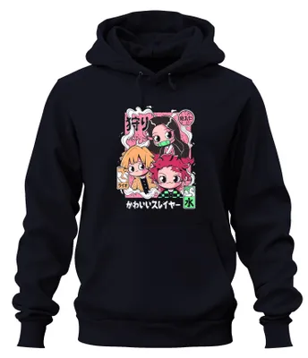 Zdjęcie produktu dla Kimetsu no Yaiba Tanjiro Nezuko Zenitsu Cute Slayer Chibi Kawaii Uni Bluza z kapturem Kapuzenpullover, Granatowy, L