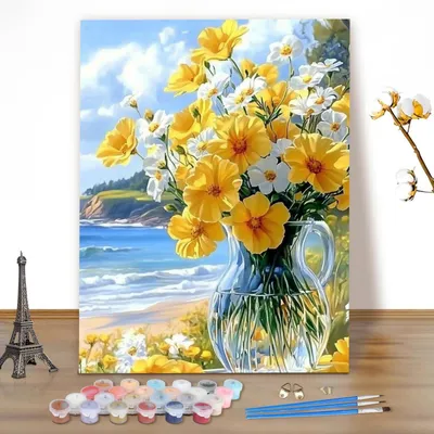 Immagine prodotto di Kit per dipingere al numero per adulti, soggetto: fiori e vista sul mare, dimensioni 40x50 cm, tela, colori acrilici, pennelli