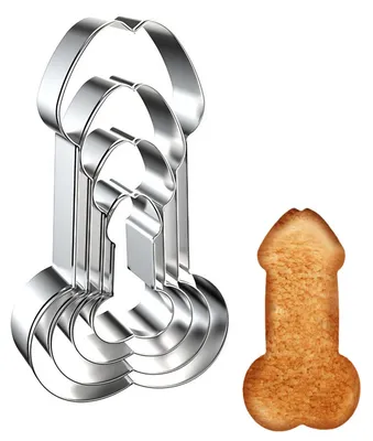 Produktbild von Set mit 4 penis-förmigen Ausstechformen aus Edelstahl. Lustige und kreative Ausstechformen. Ideal zum Selberbacken von Keksen. Edelstahlformen für selbstgemachte Snacks und Gastgeschenke.