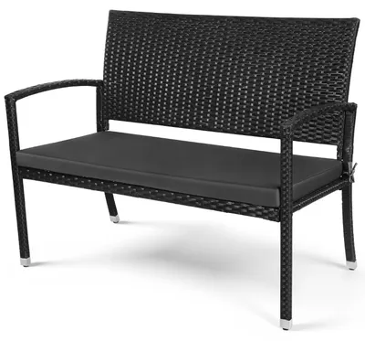 Immagine prodotto di Panchina da giardino Vigevee a 2 posti in polyrattan nero con cuscini, panchina da balcone per esterni, da giardino e terrazza