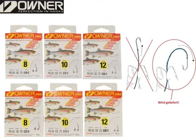 Produktbild von Owner Profi Forellenhaken 70cm Vorfach, Größe/Tragkraft/Durchmesser/Inhalt:Gr.12/3.5kg/5x0.08mm/6 Haken pro Packung