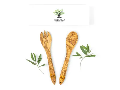 Produktbild von SOLTAKO Salatbesteck ”Rucola” 2er Set, Olivenholz Küchenhelfer, 30 cm lang