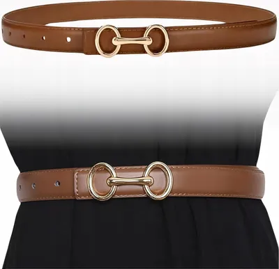 Immagine prodotto di Cintura classica da donna in pelle naturale, marrone, con fibbia dorata - larghezza 2 cm, lunghezza 105 cm