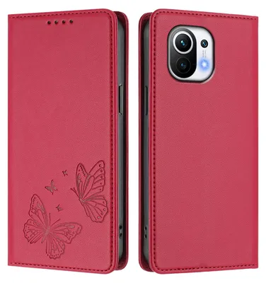Produktbild von Lederhülle für Xiaomi Mi 11, Schmetterling Prägung Leder Brieftasche Schutzhülle mit Ständer Rot