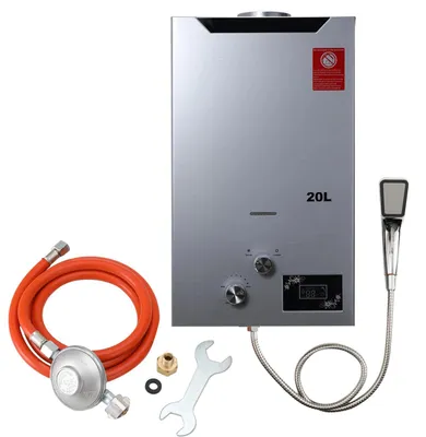 Produktbild von Gasdurchlauferhitzer - Warmwasserbereiter - 20 l LPG Propan - Sofort warmes Wasser - Mit Duschkopf - 30 mbar Gasdruckregler Set - Edelstahl