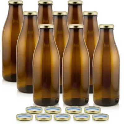Produktbild von Milchflasche 1 Liter Glasflasche braun mit 9 Flaschen & 18 Deckeln in gold – spülmaschinenfest, sichere Aufbewahrung von Lebensmitteln