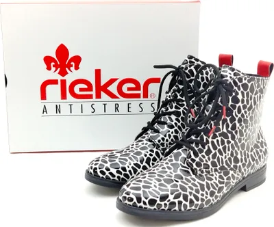 Produktbild von Rieker Damen Schnürstiefelette und seitlichem Reißverschluss schwarz weiß Leodruck Warmfutter 42